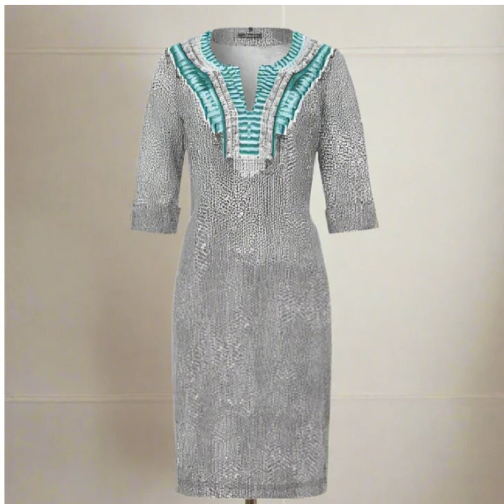 Olsen Tunic Shift Dress 12 Blue Linen V-Neck Animal Print Resort Lightweight